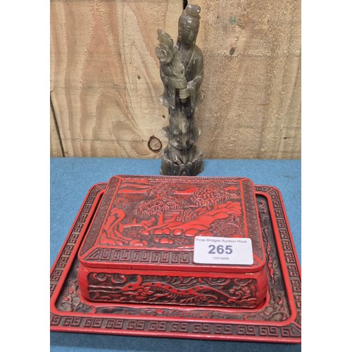 265 - Chinese Cinnabar Lidded Dish and Resting Tray together with Chinese soapstone figure.