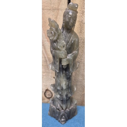 265 - Chinese Cinnabar Lidded Dish and Resting Tray together with Chinese soapstone figure.