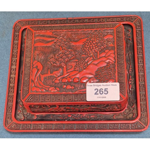 265 - Chinese Cinnabar Lidded Dish and Resting Tray together with Chinese soapstone figure.
