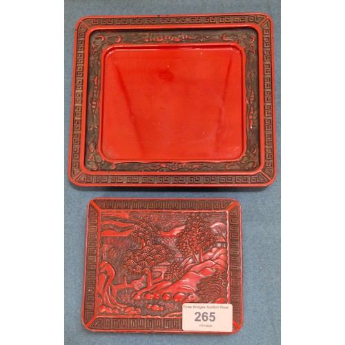 265 - Chinese Cinnabar Lidded Dish and Resting Tray together with Chinese soapstone figure.