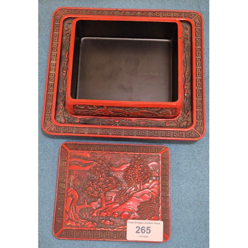 265 - Chinese Cinnabar Lidded Dish and Resting Tray together with Chinese soapstone figure.