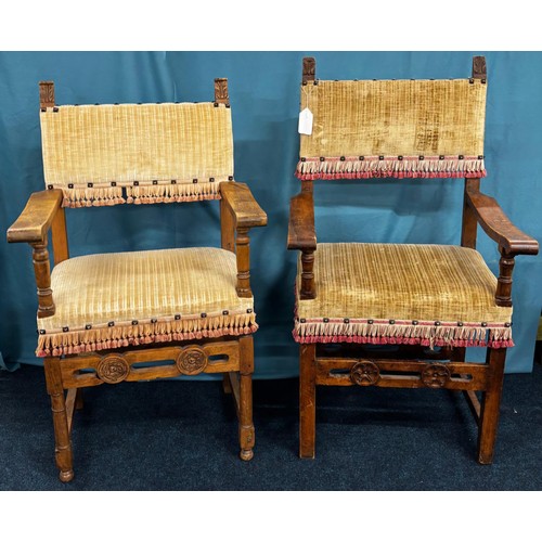 285 - Two 18th century Italian Baroque style Walnut Arm Chairs. Both having carved support stretcher.
