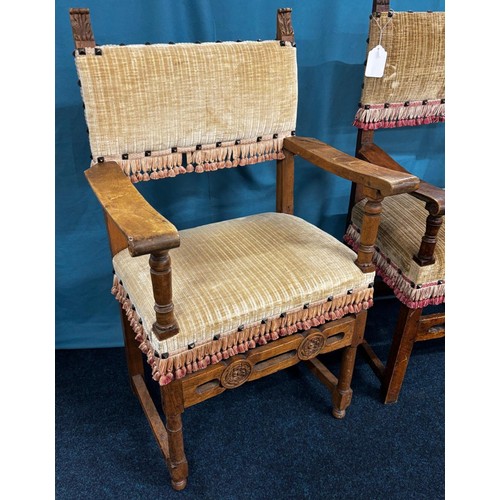 285 - Two 18th century Italian Baroque style Walnut Arm Chairs. Both having carved support stretcher.