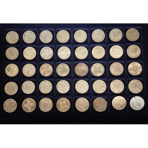 67 - Case containing Two Shillings, One Florins, Crowns, half crowns and others.