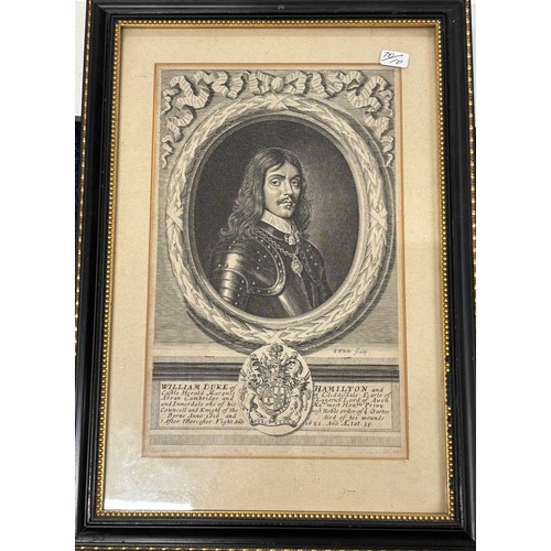 317 - Collection of four art works; William Duke of Hamilton engraving, Military sea naval engraving title... 
