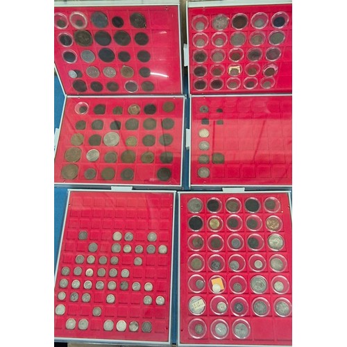 66 - Six coin drawers containing a collection of mixed 18th, 19th and 20th century coins. Includes silver... 