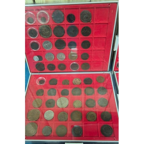 66 - Six coin drawers containing a collection of mixed 18th, 19th and 20th century coins. Includes silver... 