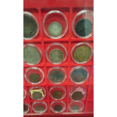 66 - Six coin drawers containing a collection of mixed 18th, 19th and 20th century coins. Includes silver... 