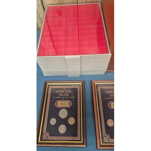 306 - Crate of coin protectors and coins; Teak multi drawer coin chest with key. Various coin protector st... 