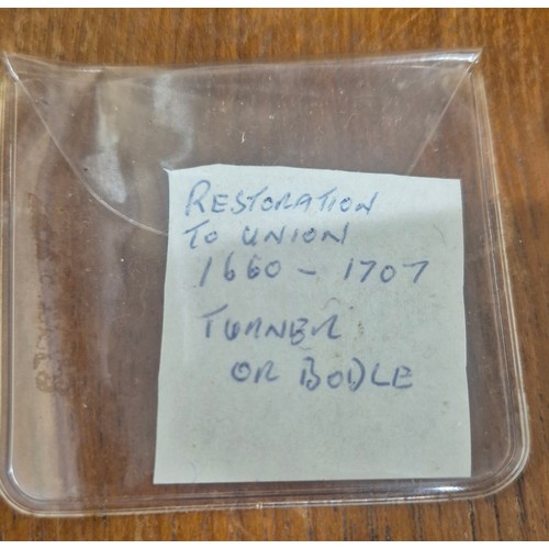 306 - Crate of coin protectors and coins; Teak multi drawer coin chest with key. Various coin protector st... 