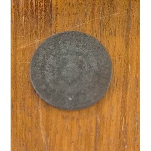 306 - Crate of coin protectors and coins; Teak multi drawer coin chest with key. Various coin protector st... 