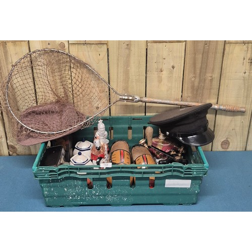 192 - A Crate of collectables; Regency style paper mache box, Novelty tea pots, Wooden clogs, hats and oth... 