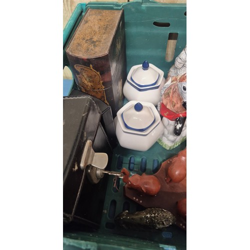192 - A Crate of collectables; Regency style paper mache box, Novelty tea pots, Wooden clogs, hats and oth... 