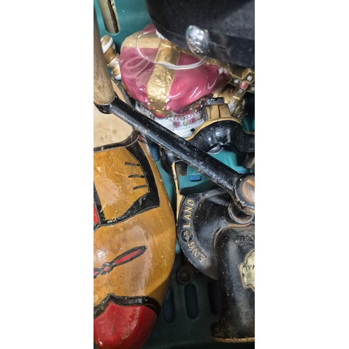 192 - A Crate of collectables; Regency style paper mache box, Novelty tea pots, Wooden clogs, hats and oth... 