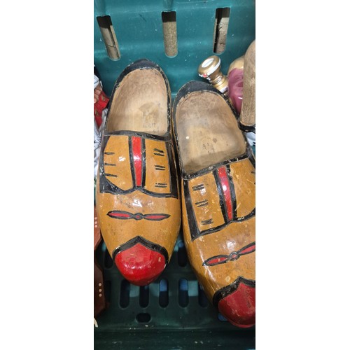 192 - A Crate of collectables; Regency style paper mache box, Novelty tea pots, Wooden clogs, hats and oth... 