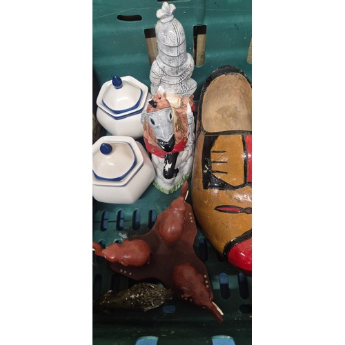 192 - A Crate of collectables; Regency style paper mache box, Novelty tea pots, Wooden clogs, hats and oth... 