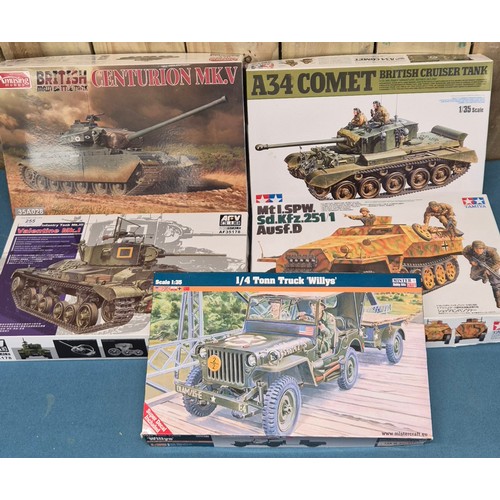 255 - Five Various Military Model Kits; Mister Craft, Tamiya, Amusing Hobby and Arv Club models. 1/4 Ton T... 