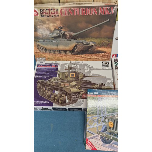 255 - Five Various Military Model Kits; Mister Craft, Tamiya, Amusing Hobby and Arv Club models. 1/4 Ton T... 