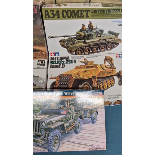 255 - Five Various Military Model Kits; Mister Craft, Tamiya, Amusing Hobby and Arv Club models. 1/4 Ton T... 