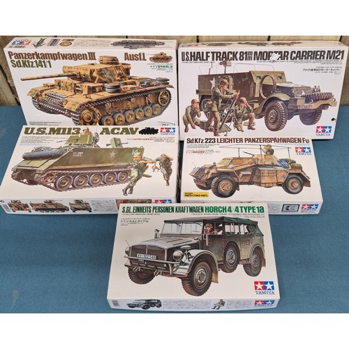 254 - Five Tamiya Military Model Kits; U.S. MII3 ACAV Tank, U.S. Half track 81mm Mortar Carrier and Panzer... 