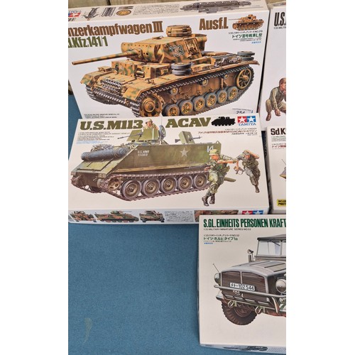 254 - Five Tamiya Military Model Kits; U.S. MII3 ACAV Tank, U.S. Half track 81mm Mortar Carrier and Panzer... 