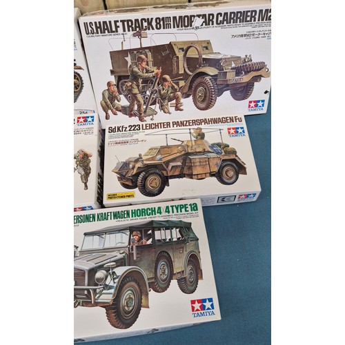 254 - Five Tamiya Military Model Kits; U.S. MII3 ACAV Tank, U.S. Half track 81mm Mortar Carrier and Panzer... 