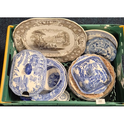 390 - A Collection of 19th and 20th century blue and white wares; Masons Iron Stone lidded tureen, plates ... 