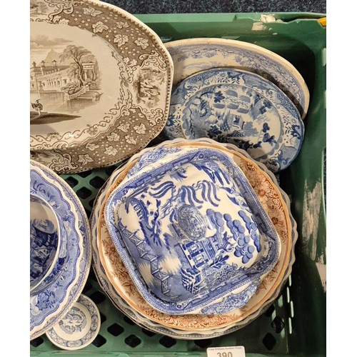 390 - A Collection of 19th and 20th century blue and white wares; Masons Iron Stone lidded tureen, plates ... 