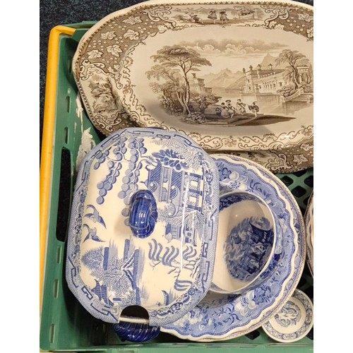 390 - A Collection of 19th and 20th century blue and white wares; Masons Iron Stone lidded tureen, plates ... 