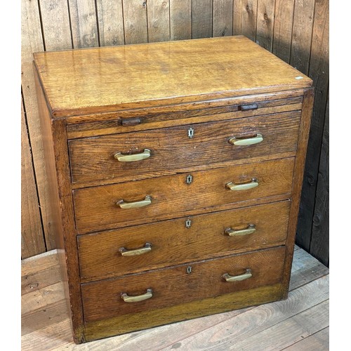 406 - Military style oak four drawer chest with pull out writing area. Was taken from the RMS Mauritania (... 