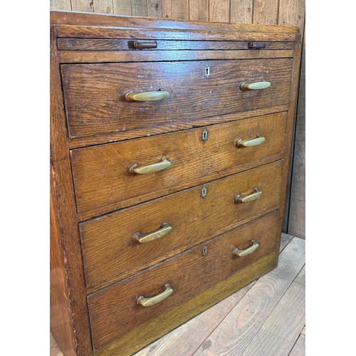 406 - Military style oak four drawer chest with pull out writing area. Was taken from the RMS Mauritania (... 