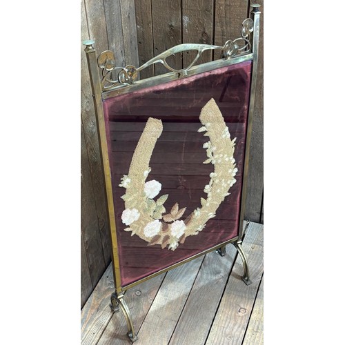 415 - Art Nouveau brass, glass and tapestry fire screen.