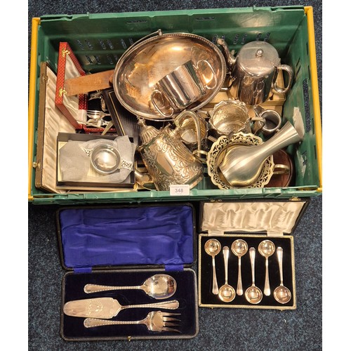 348 - A Crate of good quality silver plate and E.P Wares. Three piece tea set, Boxed cutlery sets and othe... 