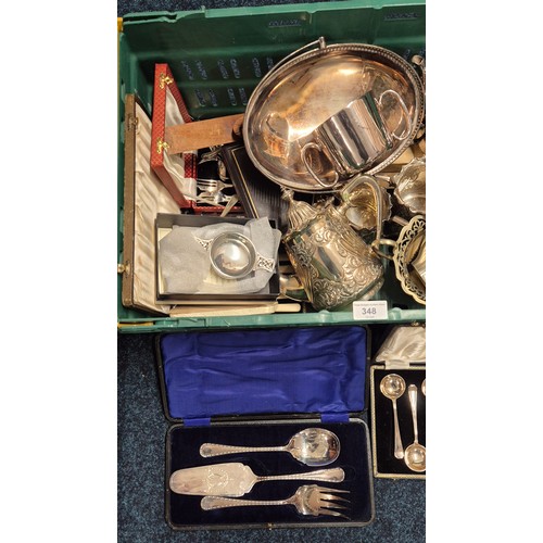 348 - A Crate of good quality silver plate and E.P Wares. Three piece tea set, Boxed cutlery sets and othe... 