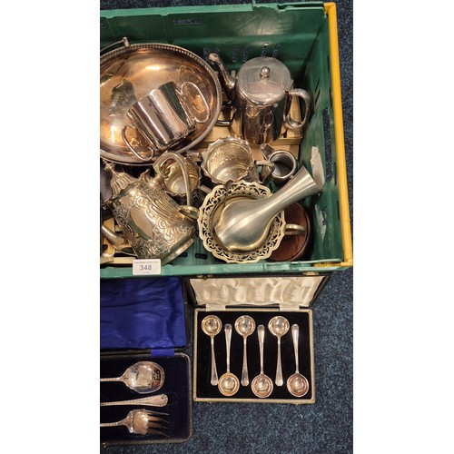 348 - A Crate of good quality silver plate and E.P Wares. Three piece tea set, Boxed cutlery sets and othe... 
