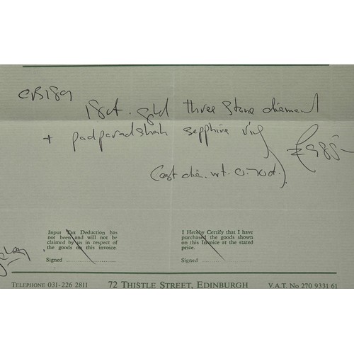 81 - 18ct yellow gold Padparadscha Sapphire and Diamond three stone ring. Central claw set, oval faceted ... 