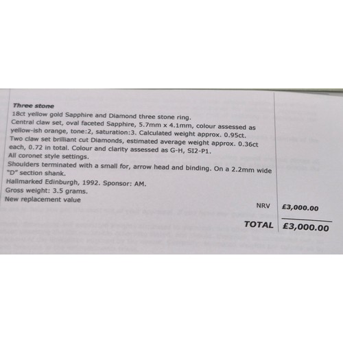 81 - 18ct yellow gold Padparadscha Sapphire and Diamond three stone ring. Central claw set, oval faceted ... 