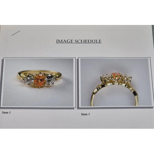 81 - 18ct yellow gold Padparadscha Sapphire and Diamond three stone ring. Central claw set, oval faceted ... 