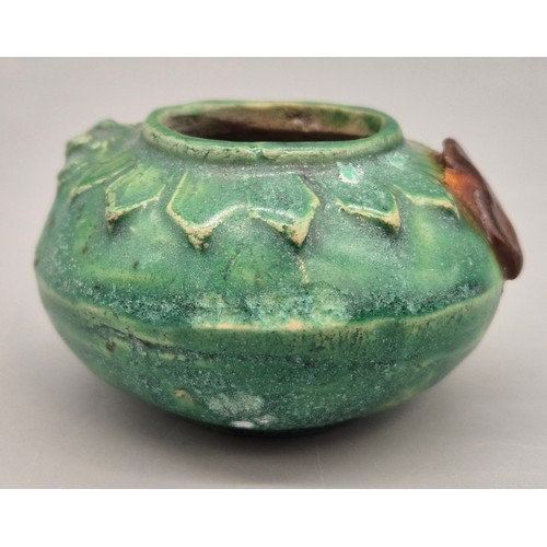 95 - Small Antique Chinese brush/ water pot. Green Glaze. Raised relief dragon (5 claws) design to main b... 