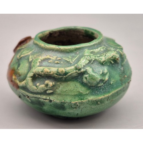 95 - Small Antique Chinese brush/ water pot. Green Glaze. Raised relief dragon (5 claws) design to main b... 