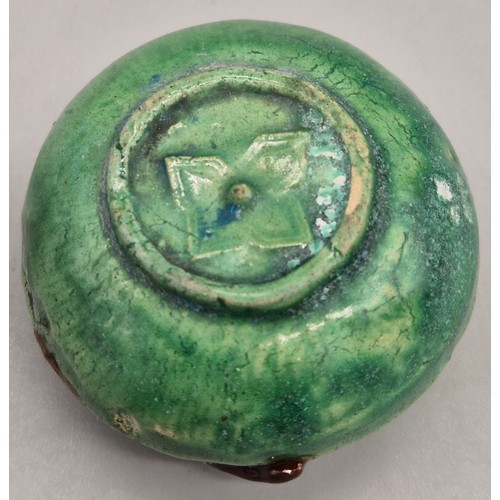 95 - Small Antique Chinese brush/ water pot. Green Glaze. Raised relief dragon (5 claws) design to main b... 