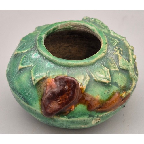 95 - Small Antique Chinese brush/ water pot. Green Glaze. Raised relief dragon (5 claws) design to main b... 