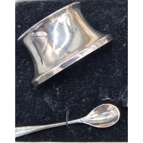 76 - A Boxed Birmingham Silver three piece condiment set with two silver spoons.