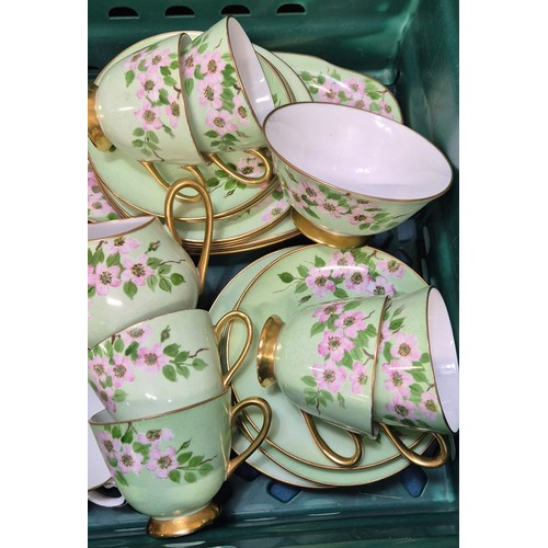 386 - Crate of porcelain tea sets; Royal Tuscan M.Kirkwood design tea set, Royal Staffordshire tea wares a... 