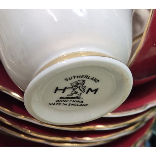 386 - Crate of porcelain tea sets; Royal Tuscan M.Kirkwood design tea set, Royal Staffordshire tea wares a... 