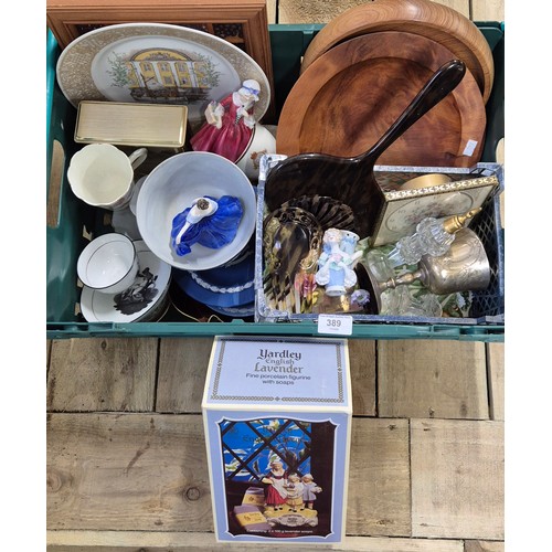 389 - A Crate of collectables; Royal Doulton Figures, Regency cup and saucer depicting mother and child. C... 