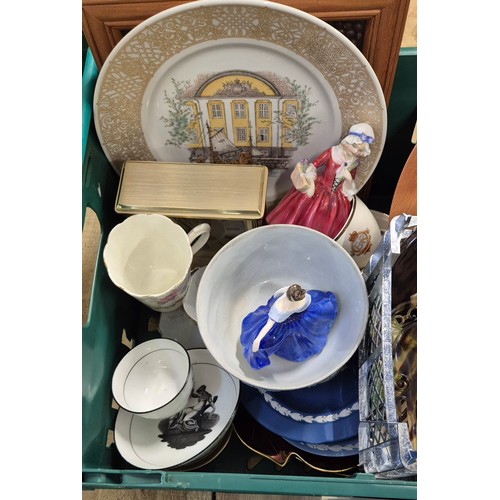389 - A Crate of collectables; Royal Doulton Figures, Regency cup and saucer depicting mother and child. C... 