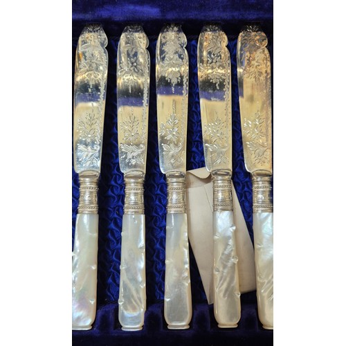 136 - Antique Wooden cutlery chest containing a collection of 24 piece, fish knives and fork set. Fitted w... 