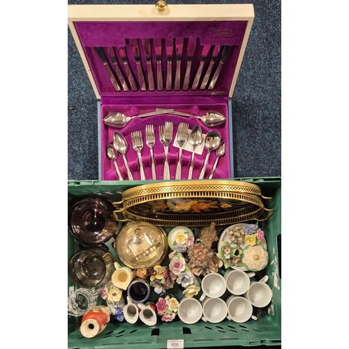 428 - A Crate of collectables and vintage canteen of cutlery; Caithness vases, Tobu Jugs, Italian inlayed ... 