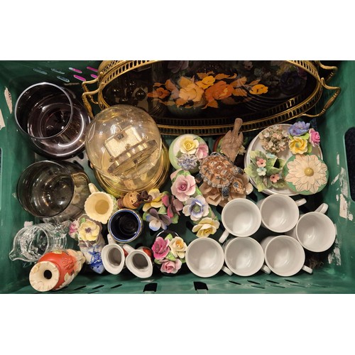 428 - A Crate of collectables and vintage canteen of cutlery; Caithness vases, Tobu Jugs, Italian inlayed ... 